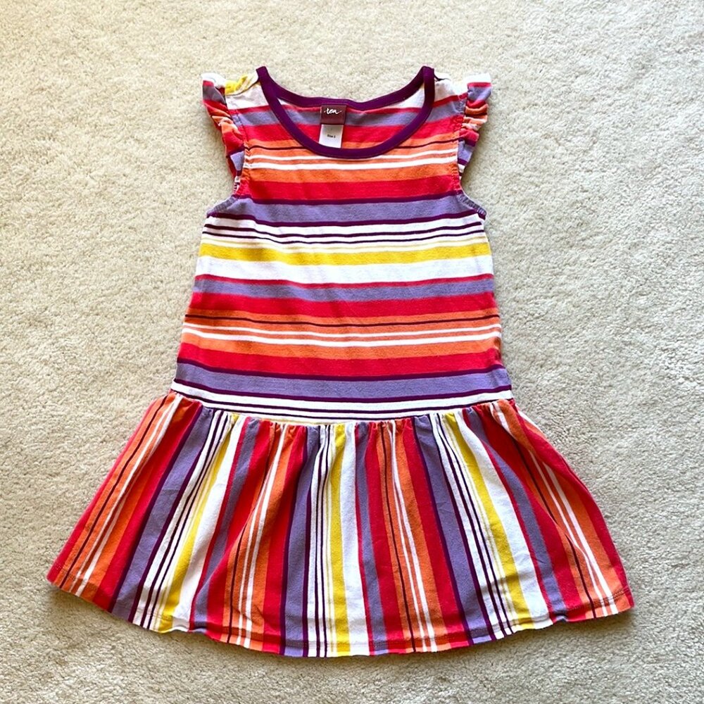 Tea Collection Striped Flutter Ruffle Sleeveless Drop Waist Dress Girls Size 3
